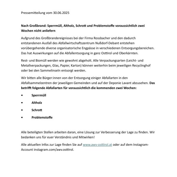 Pressemitteilung AWV-Osttirol